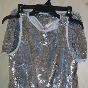 Silver Sequin Cold-Shoulder Top